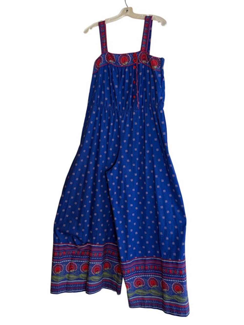 Vintage 70s Tom Bezduda for Barad & Co Blue Folk Print Wide-Leg Jumpsuit